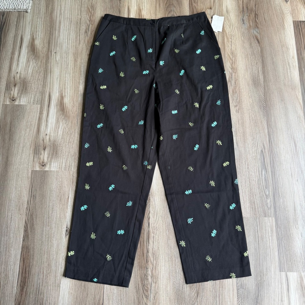 NWT Vintage Coldwater Creek Meadow Embroidered Pants Black Floral Cotton Size 18